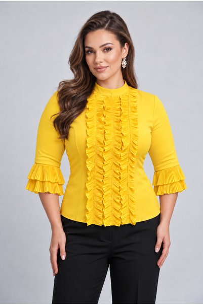 ROCMAY Women's Plus Size Stand Collar Pleated Ruffle Detail Slim Fit Blouse
