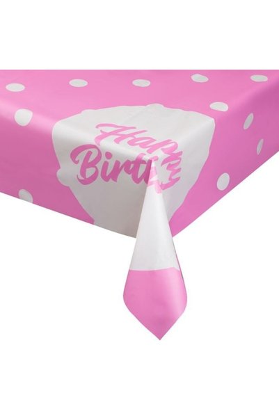 ANTBRO Față de Masă din Plastic Roz cu Buline Happy Birthday 120x180cm, 1 Buc...