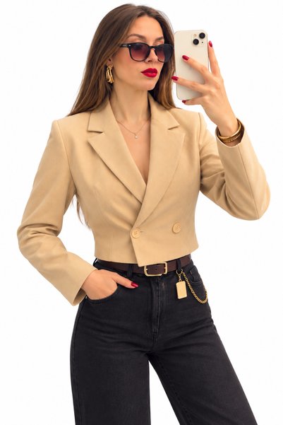 NESEMBUTİİK Bej Renk Regular Fit Kruvaze Yaka Keten Crop Blazer Ceket ŞIK/SPO...
