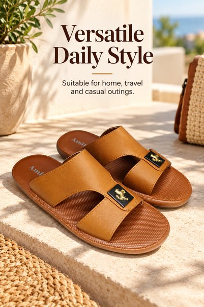 Generic Brand Men's Brown Leather Slide Sandals, Open Toe Casual Slippers wit...