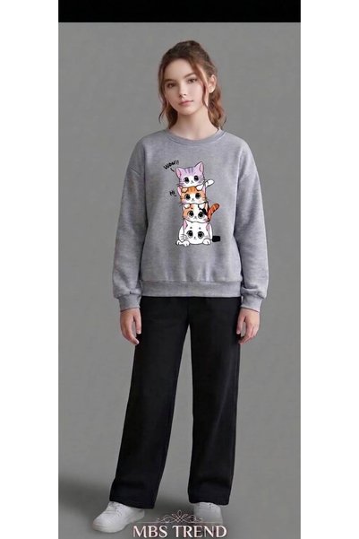 Kids Winter Girls' / Teen Girls' Cat-Printed Grey Sweatshirt - Crew Neck, Lon...