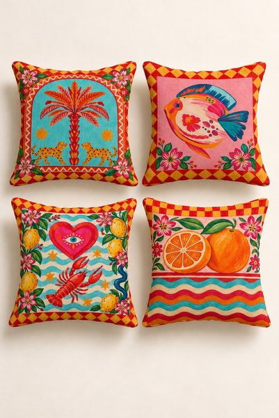 Varbifırsat Set of 4 Tropical Stories Tropical Palm and Fruit Pillow Covers, ...