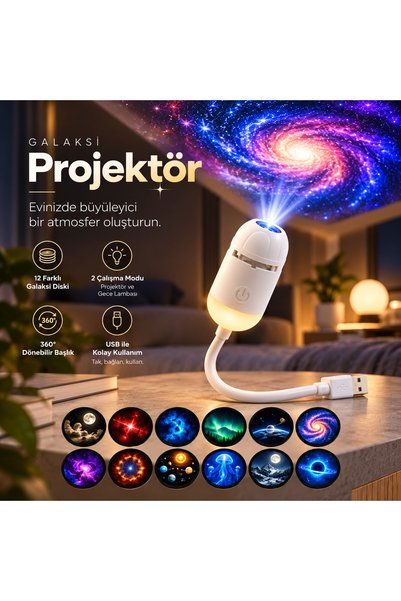 linkifun Galaksi Projektör 12 Farklı Diskli USB LED Gece Lambası, 360° Esnek ...