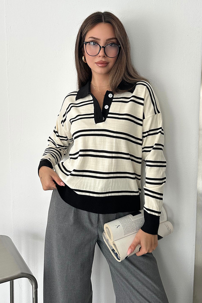 Noa&Noa Women's Slim-Fit Striped Polo Neck Button-Down Knit Sweater, Relaxed ...