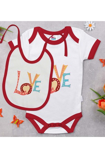 Bk Gift BK Kids Love Designer Red Baby Bodysuit and Bib Gift Set #1, 0–3 Months