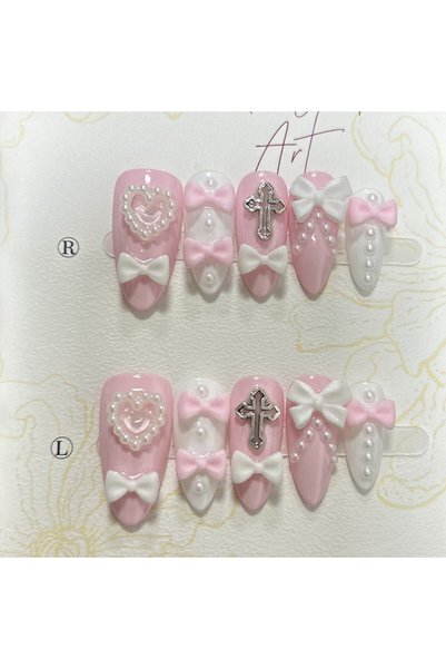 Choice S Y2K Gyaru Cute Pink White Almond Handmade Press On Nails 3D Bow Pear...
