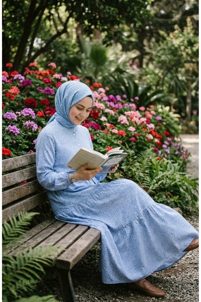 sefamerve Hakim yaka polka dot modest dress 0288-02 navy blue