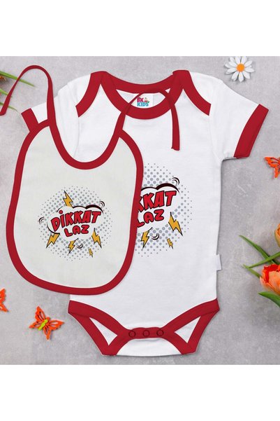 Bk Gift BK Kids "Dikkat Laz" Design Red Baby Bodysuit and Bib Gift Set-1, 12–...