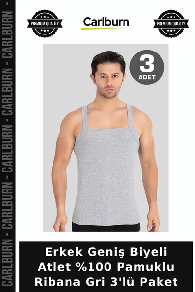 Carlburn Men's Wide-Band Tank Top, 100% Cotton Ribbed Grey, Pack of 3, Textil...