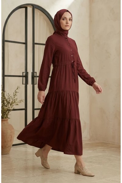 sefamerve Hakim collar buttoned layered modest dress 0336-08 terracotta