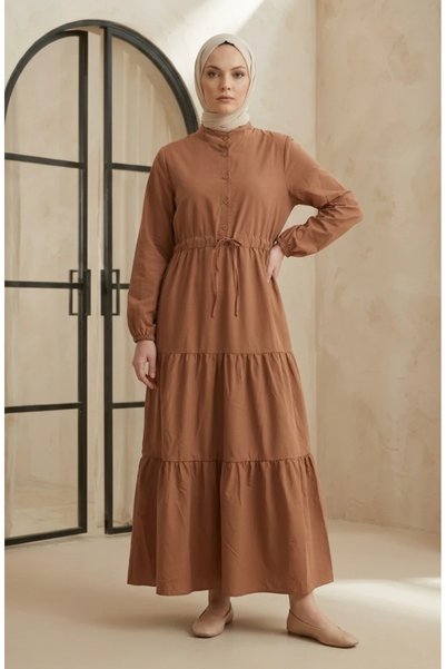 sefamerve Hakim Collar Buttoned Layered Modest Dress 0336-07 Camel
