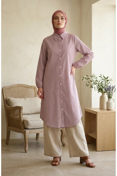 sefamerve Long Striped Tunic Shirt with Buttoned Front 0359-11 Burgundy