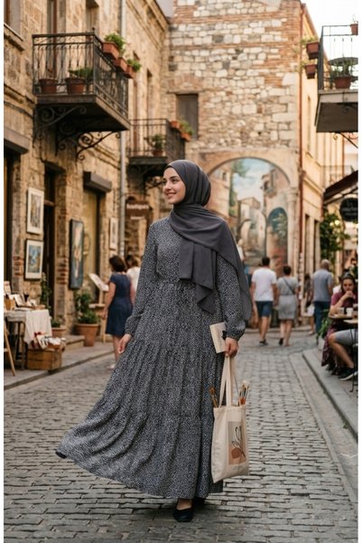 sefamerve Hakim yaka polka dot modest dress 0288-03 black