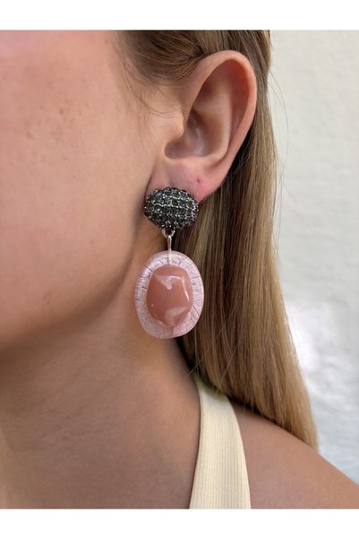 PULLEAR Marka Zr Model, Pink Resin Earrings with Shiny Stones.
