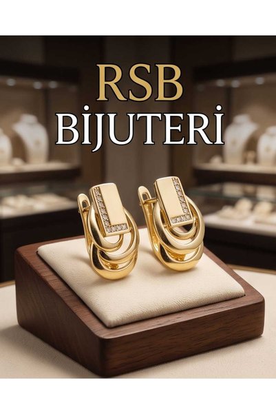 RSB Bijuteri ve Aksesuar Küpe LUXE Seri Damgalı Taşlı Altın Kaplama Renk + He...