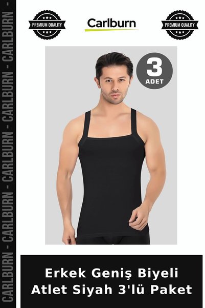 Carlburn Delux Series Men's Wide-Band Tank Top, Black, 3-Pack, Underwear, Lou...