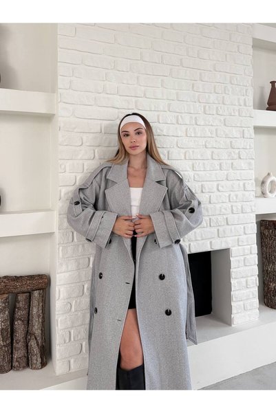 Miss Beyoğlu معطف طويل من الكاشمير بتصميم ياقة مزدوجة وحزام مزين (فخامة)