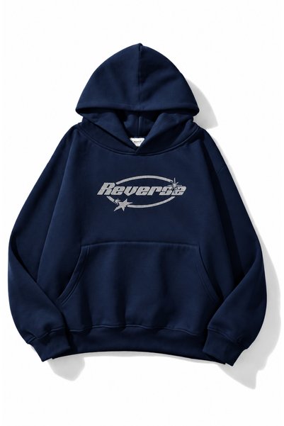 MODARİCH Reverse Tasarım Sweatshirt - Lacivert BASKILI Oversize Şardonlu Kapü...