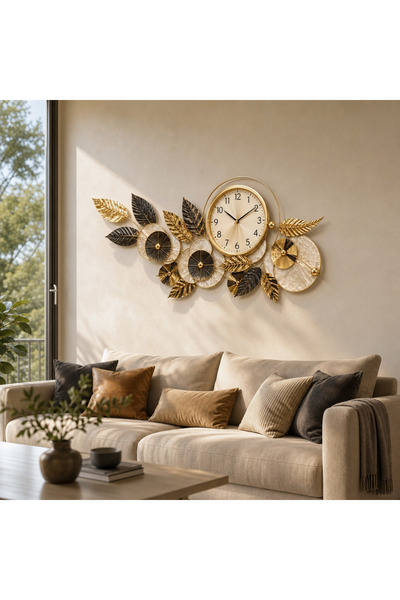 Vivendo Metal Wall Clock, 3D Floral Design with Gold and Black Leaves, 100 × ...