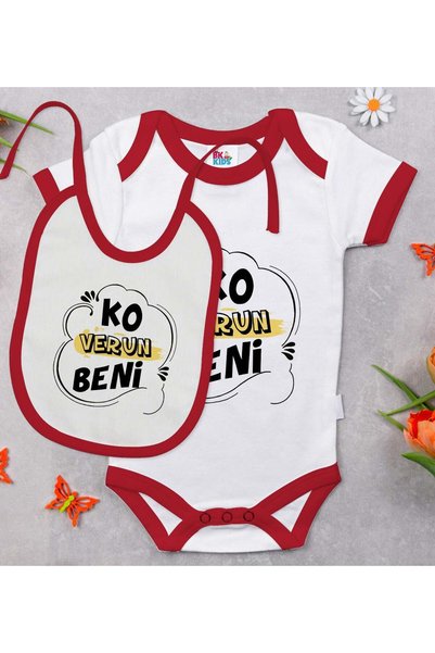 Bk Gift BK Kids "Ko Verun Beni" Printed Red Baby Bodysuit and Bib Gift Set-1,...