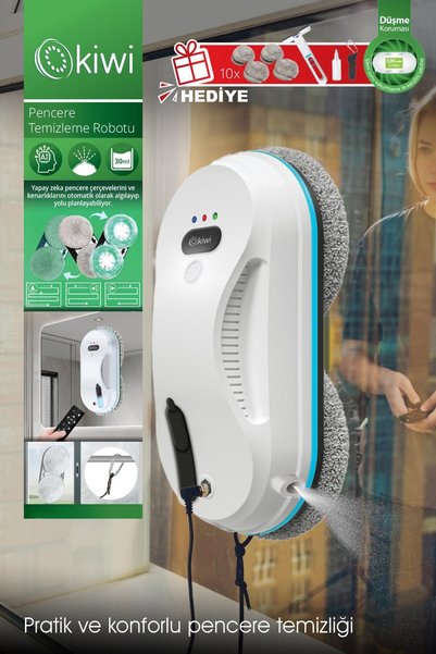 Kiwi Yapay Zekalı Cam Silme Robotu, Uzaktan Kumandalı, Ultrasonik Sıvı Püskür...