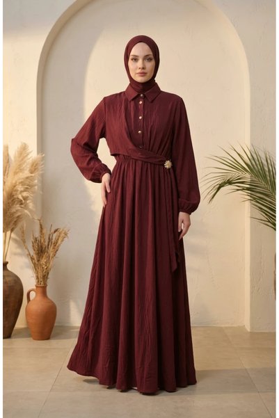 sefamerve Half-Buttoned Dress with Elastic Waistband 0319-06 Burgundy