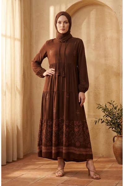 sefamerve Patterned Viscose Dress 4083-03 Brown