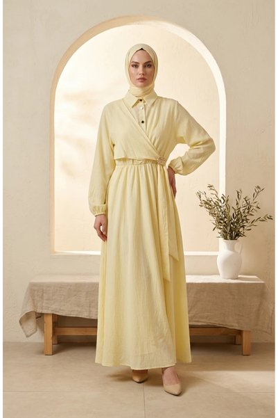 sefamerve Half-Buttoned Dress with Elastic Waistband 0319-01 Yellow