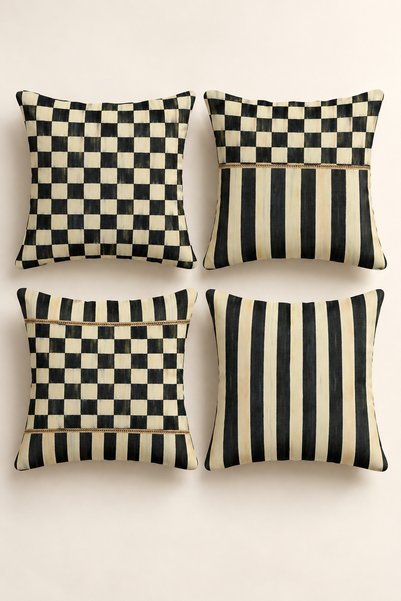 Varbifırsat Set of 4 Retro Check Black and Cream Checkered and Striped Pillow...