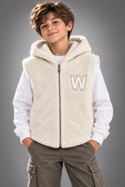 casa nexa Girls' and Boys' Ecru Plush Vest with Zipper, "W" Embroidered Desig...
