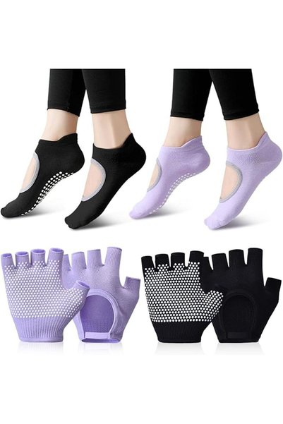 Yelajoy 2 Pairs Non Slip Yoga Gloves Socks Set, Silicone Fingerless Fitness G...