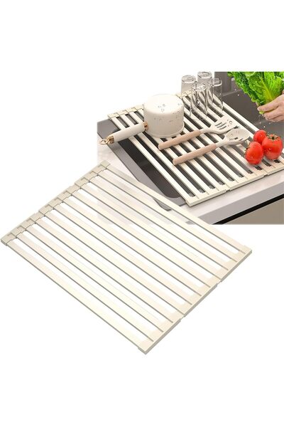 KASTWAVE Beige Roll-Up Kitchen Sink Drying Rack, Foldable Over Sink Dish Rack...