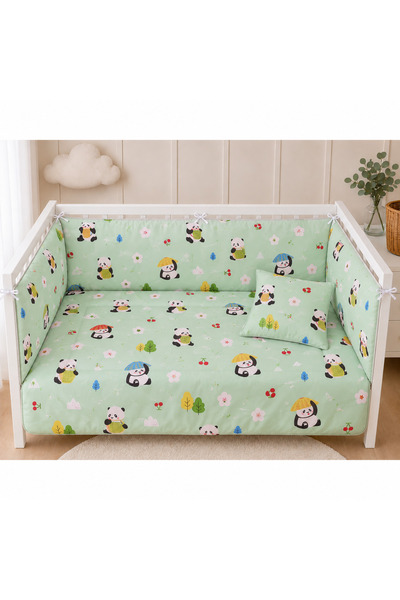 OEM Set lenjerie patut bebe din bumbac percale, 5 piese, ursuleti Panda