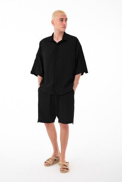 SLN COLLECTİON Stand Collar Modal Co-ord Set with Shirt and Shorts Details-Black