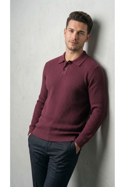 SİLVİANO Men's Long-Sleeved Ribbed Knit Sweater with Polo Collar and Button D...