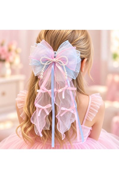 EMKSHOP Girl's Fairy-Style Tulle Bow with Pearl Details, Princess Hair Clip.