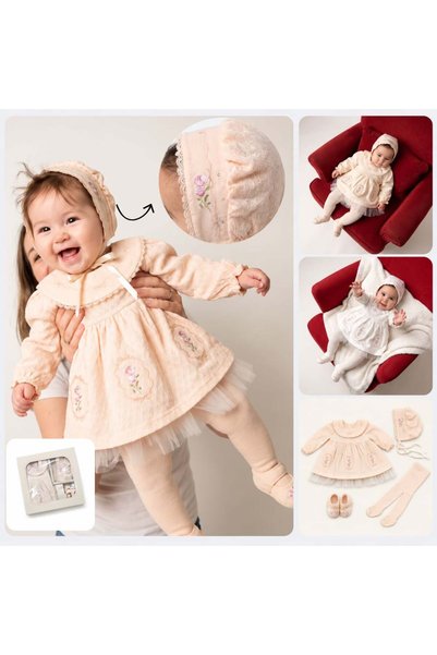 sunshine boutique15 بكج مواليد ياقه كبيره باطراف تل فستان + شراب + غطاء راس +...