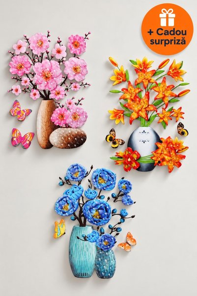 OferteTop Autocolante Perete 3D cu Flori în Vază, Set 3 Bucăți, 40 x 30 cm, M...