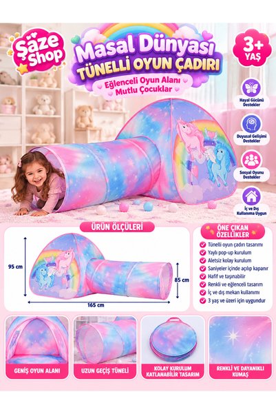 SAZE Şaze Shop Masal Dünyası Tünelli Oyun Çadırı 165x85x95 cm Katlanabilir Po...