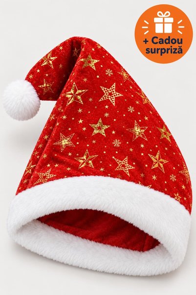 OferteTop Căciulă de Moș Crăciun din Pluș, cu Stele Aurii, Bordură Albă și Ci...