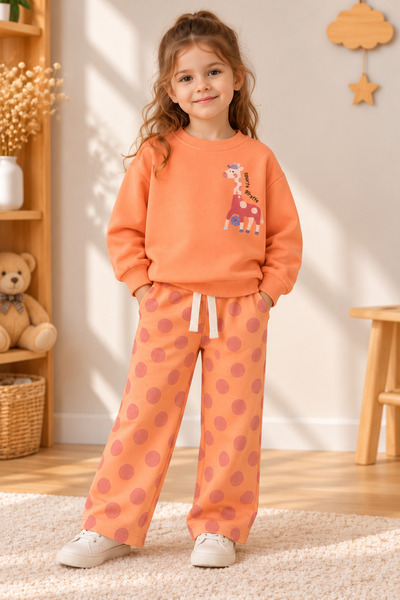 ışık kids Girls' giraffe-print polka dot 2-piece sweatshirt and sweatpants set.