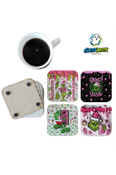Ghostbastır Design Grinch Christmas Decorative Wooden Coaster Set 0152