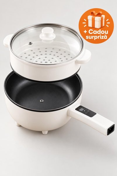 OferteTop Tigaie Electrică 2 în 1 cu Coș pentru Abur, 1000 W, Antiaderentă, C...
