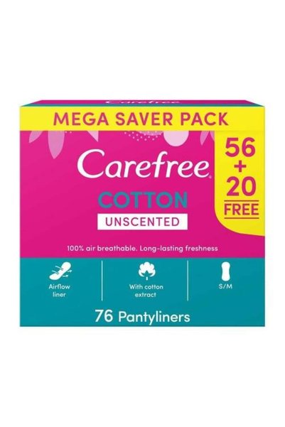 Carefree فوط يومية قطنية للسراويل الداخلية، عادية، بدون رائحة - 76 قطعة