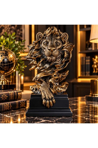 Vivendo Statueta Decorativa Premium Leu din Rasina pe Soclu Finisaj Metalic A...