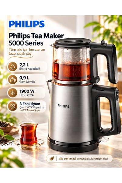 Philips Cam Demlikli Çay Makinesi, 1900 W Hızlı Kaynatma, 1,8 L Paslanmaz Çel...