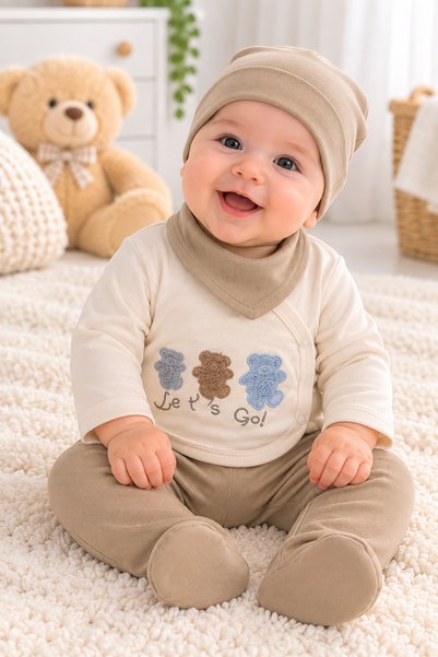 SERPİL Baby Boy 3-6 Months 4-Piece Set: Bear-Themed Onesie, Hat, Bib, Booties...