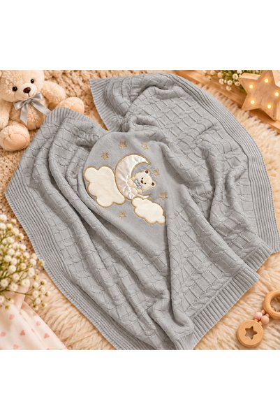 Pure Boutique Paturica bebe imblanita 85x95 cm, tricot gri, cu ursulet, luna,...