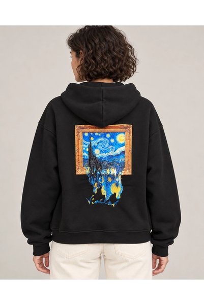 CANMODA Black Van Gogh Starry Night Framed Embroidered Oversized Hoodie Sweat...