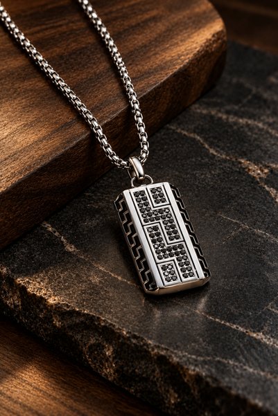 laria jewelry Men's Stainless Steel Locket Necklace with Black Stone Details ...